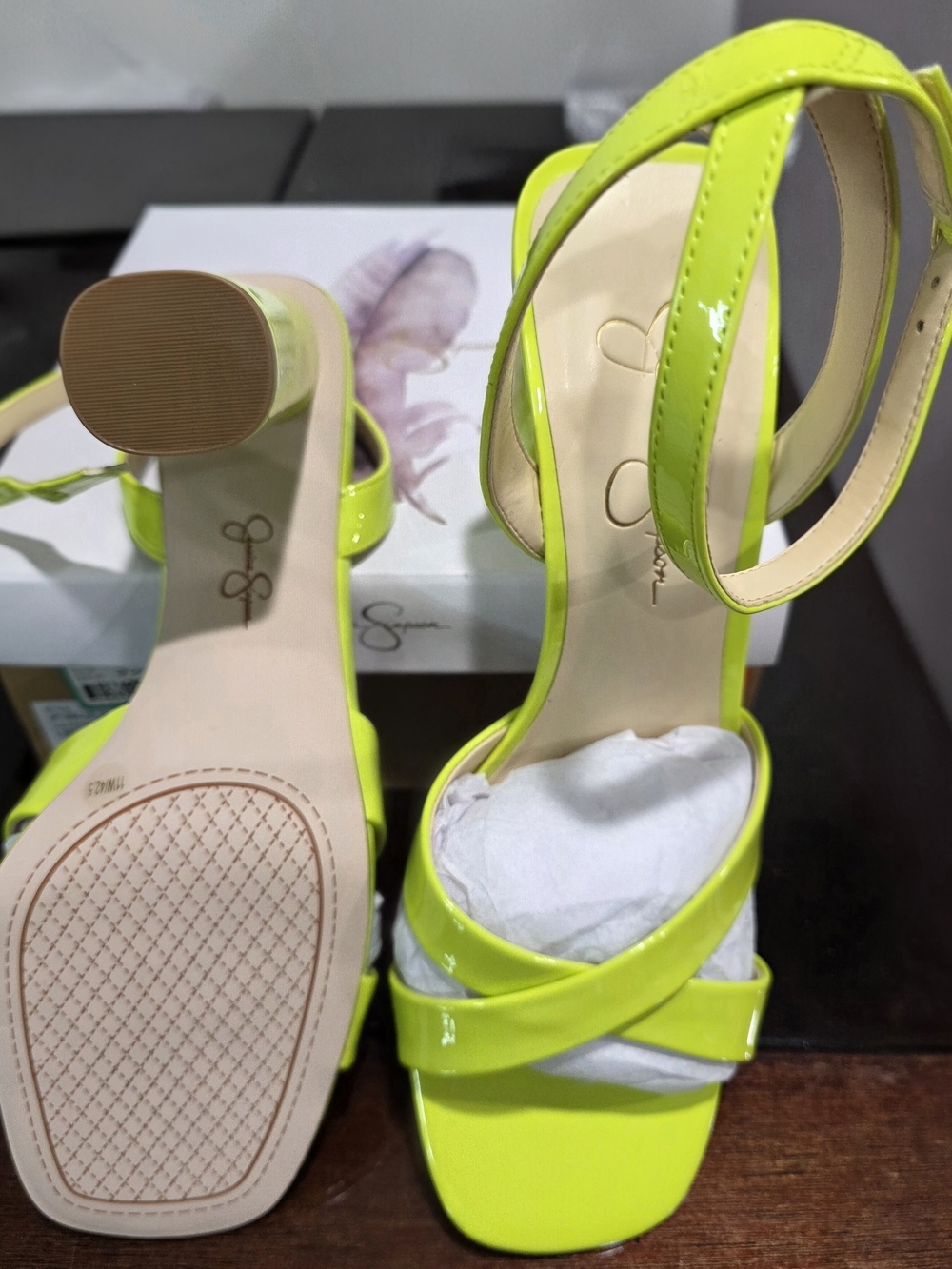 Neon Lime Patent Ankle-Strap Block Heel Sandals - Women